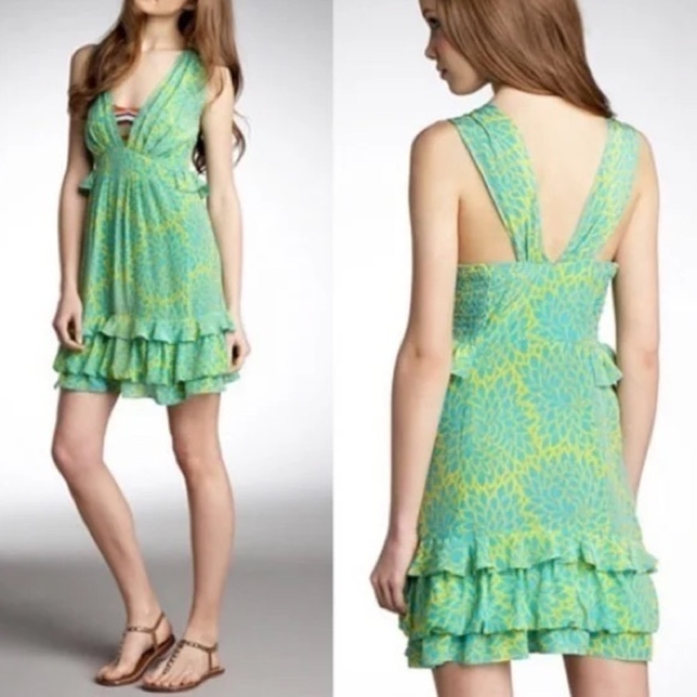 Nanette Lopore Santa Fe Oasis Teal & Yellow Sleeveless 100% Silk Dress Sz. 4